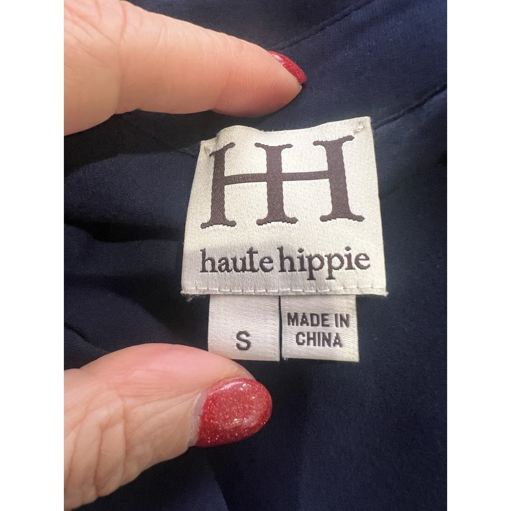 Women's HAUTE HIPPIE Navy Blue Beaded Embellished Cap Sleeve Silk Blouse S $395 - Picture 14 of 16